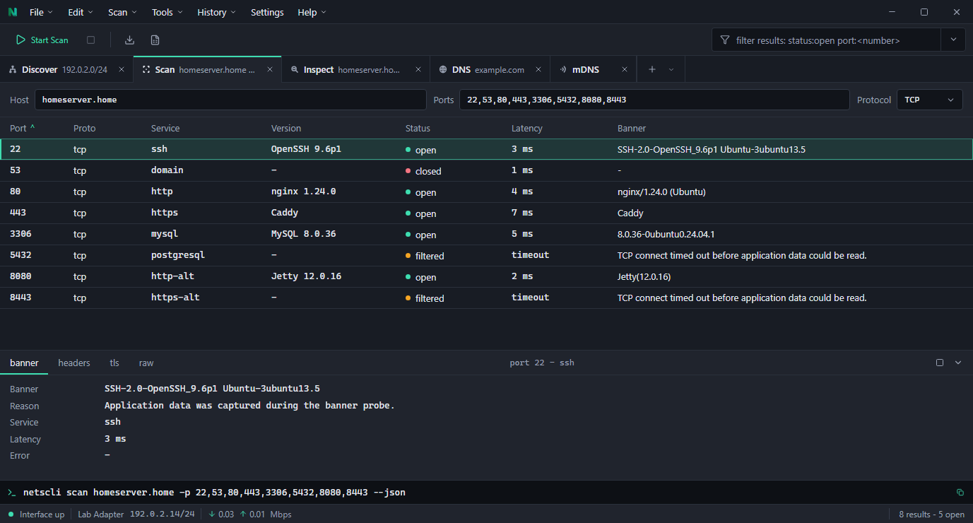 NetsCLI Desktop dark theme scan view showing demo port results, row details, command preview, and status bar